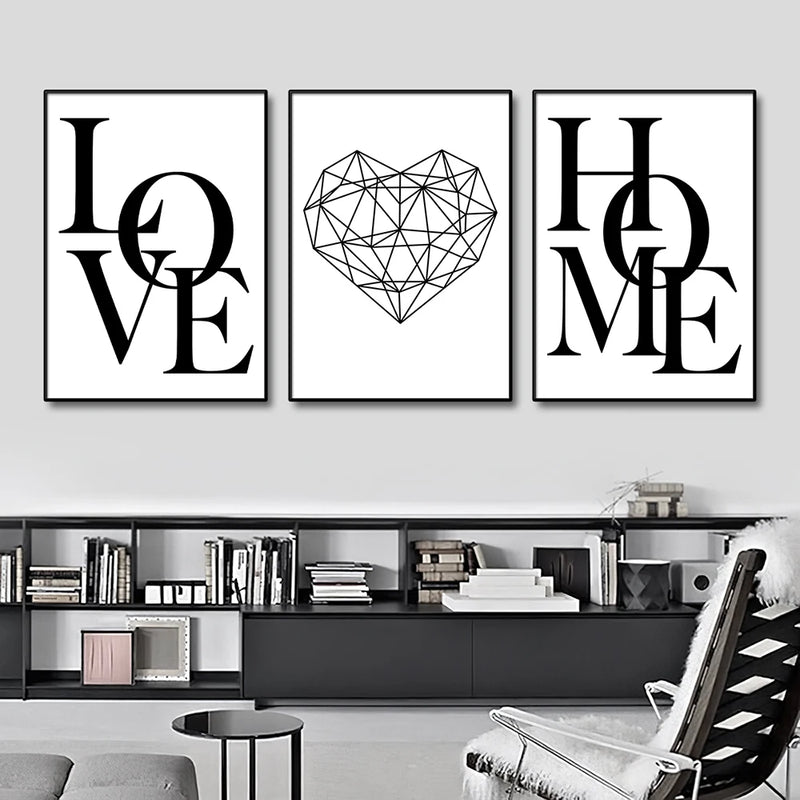 Kit 3 Quadros Decorativos Love Home Diamond Heart | Panda Aromas